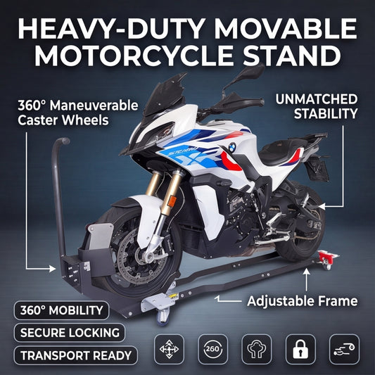 🔧 Heavy-Duty Motorcycle Wheel Chock Stand – 360° Movable Parking & Storage Rack for Secure Bike Handling