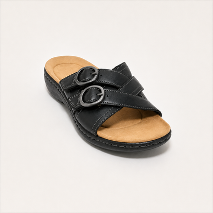 Women's Adjustable Double Buckle Leather Slides