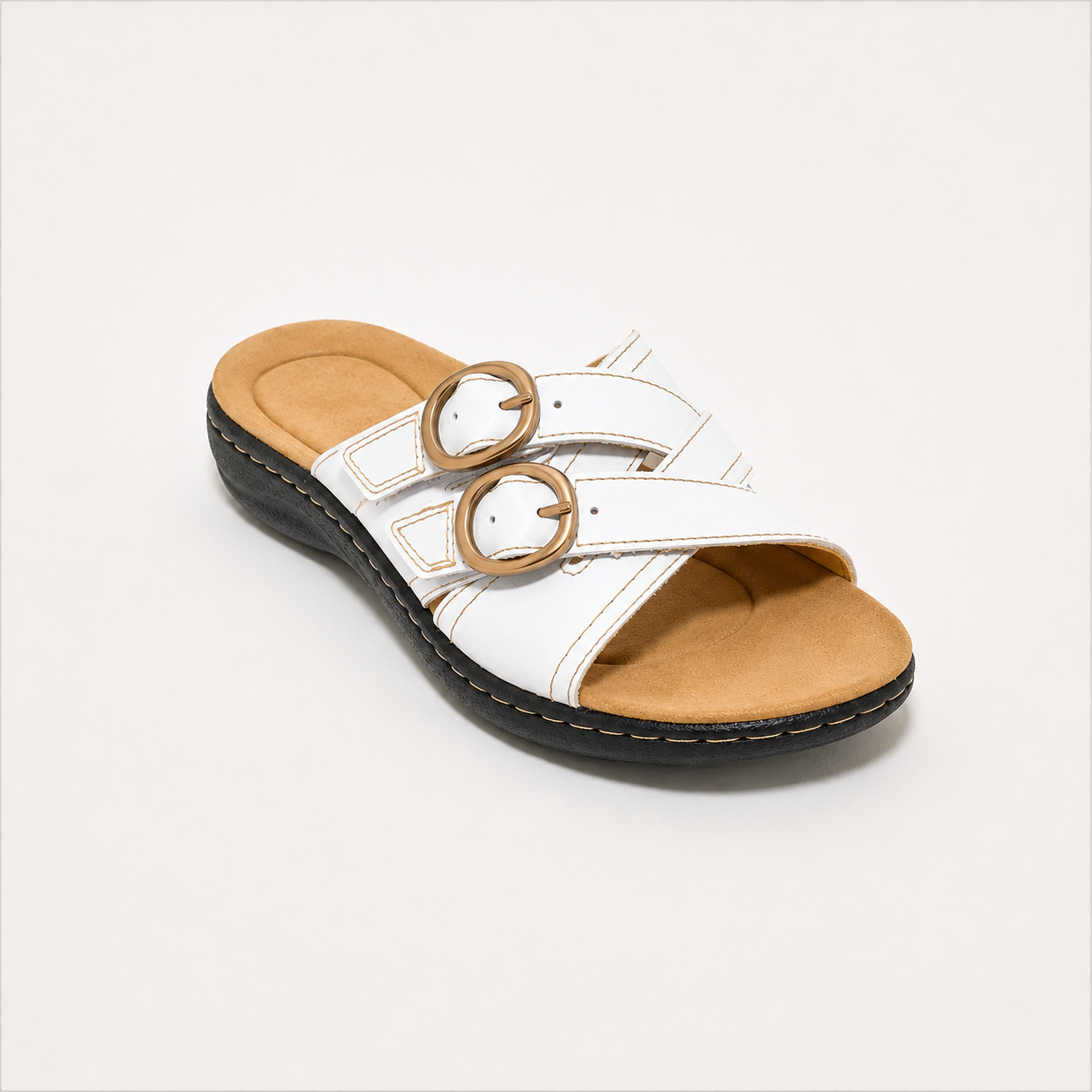 Women's Adjustable Double Buckle Leather Slides