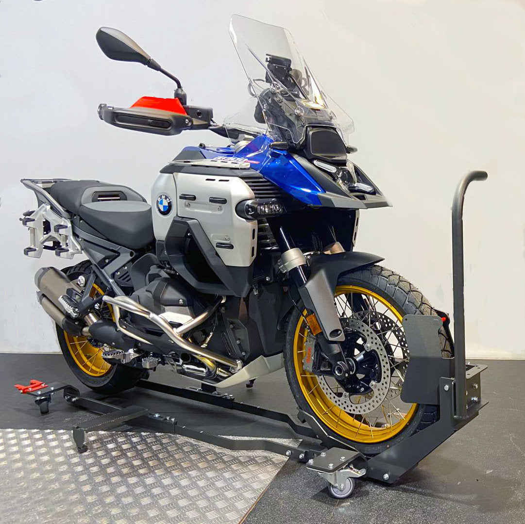 🔧 Heavy-Duty Movable Motorcycle Stand: 360° Maneuverable Wheel Chock for Secure Parking, Transport & Storage – Universal Fit ✨