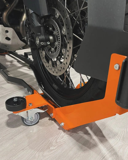 🔧 Heavy-Duty Movable Motorcycle Stand: 360° Maneuverable Wheel Chock for Secure Parking, Transport & Storage – Universal Fit ✨