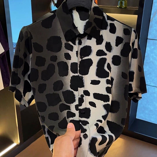 Vintage Irregular Spot Texture Draped Lapel Short Sleeve Shirt